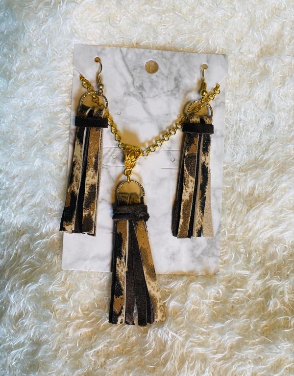 Real Leather Large Tassel Sets In Gold Dark Brown Animal Print