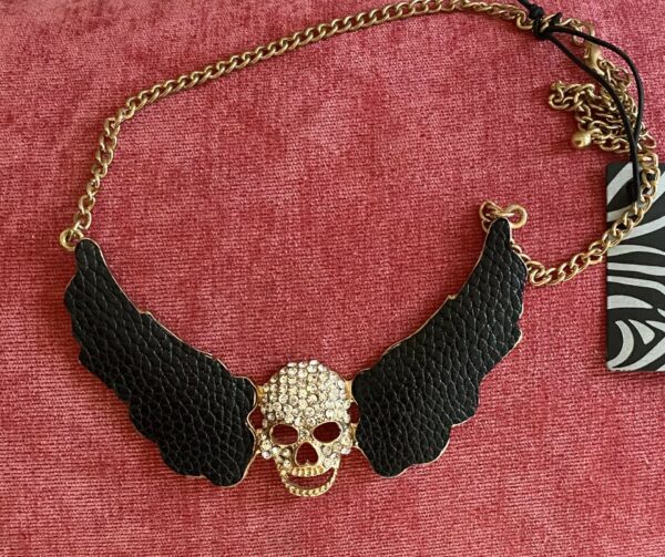 David Sigal Crystal Skull black faux leather Wings Necklace