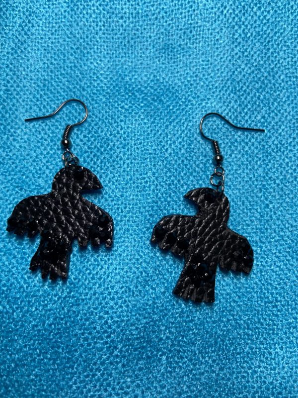 small Faux leather Ravens in flight Swarovski crystal earrings