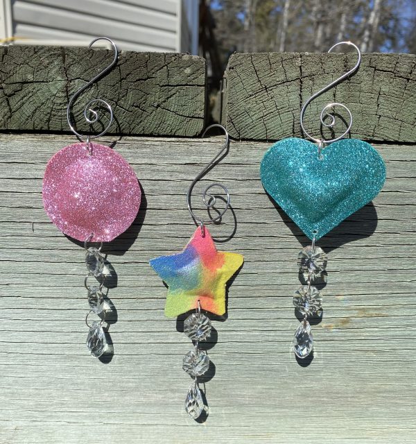 set of three Faux leather puff crystal sun catchers in bright shimmer pink tie dye and ocean blue